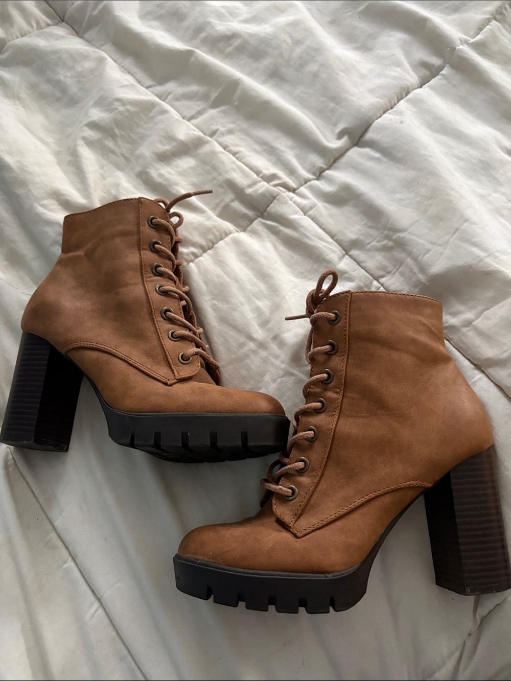 Primark Tan Lace-Up Platform Block Heel Ankle Boots